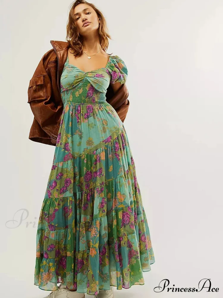 Flowy Maxi Dress Flower Pattern Balloon Sleeve - Image 6