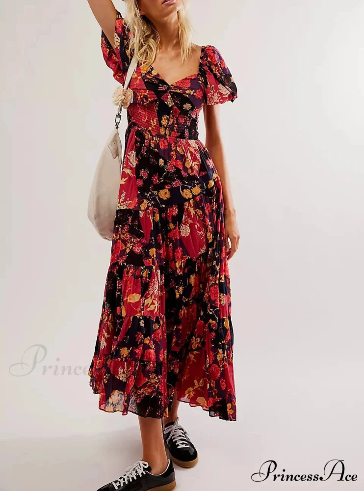 Flowy Maxi Dress Flower Pattern Balloon Sleeve - Image 7