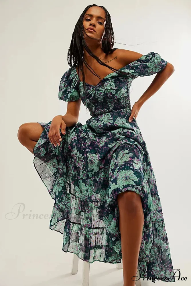 Flowy Maxi Dress Flower Pattern Balloon Sleeve - Image 8