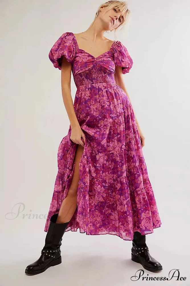 Flowy Maxi Dress Flower Pattern Balloon Sleeve - Image 9