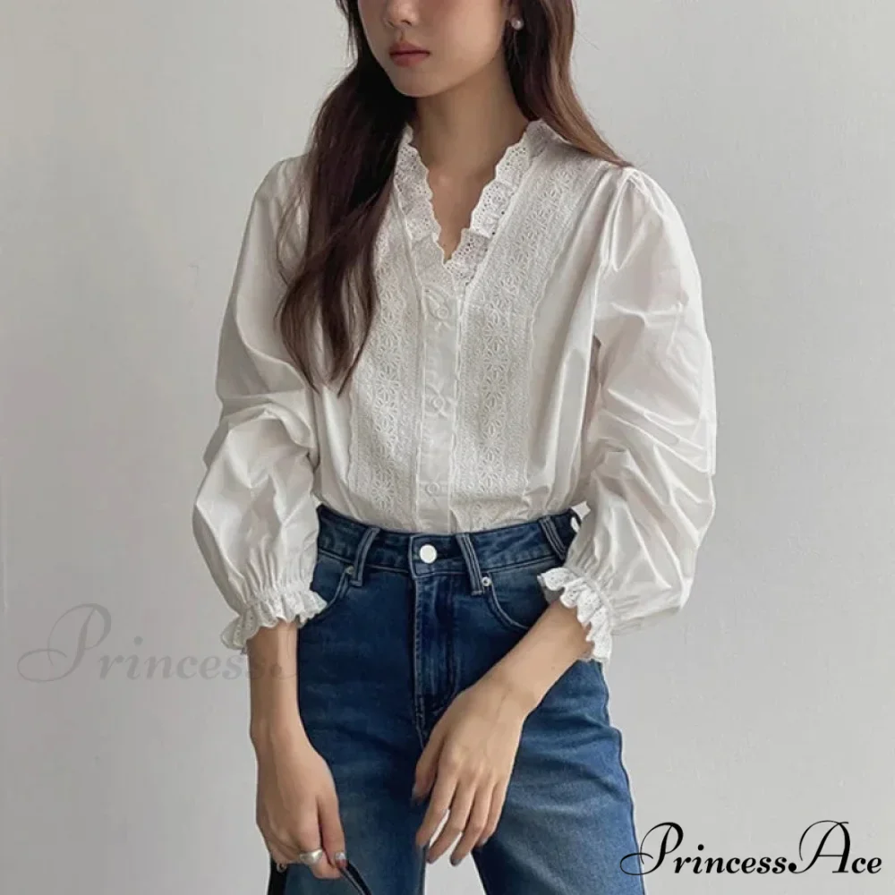 Flowy Sleeve Frills V-Neck Cotton Bohemian Work Blouse - Image 2