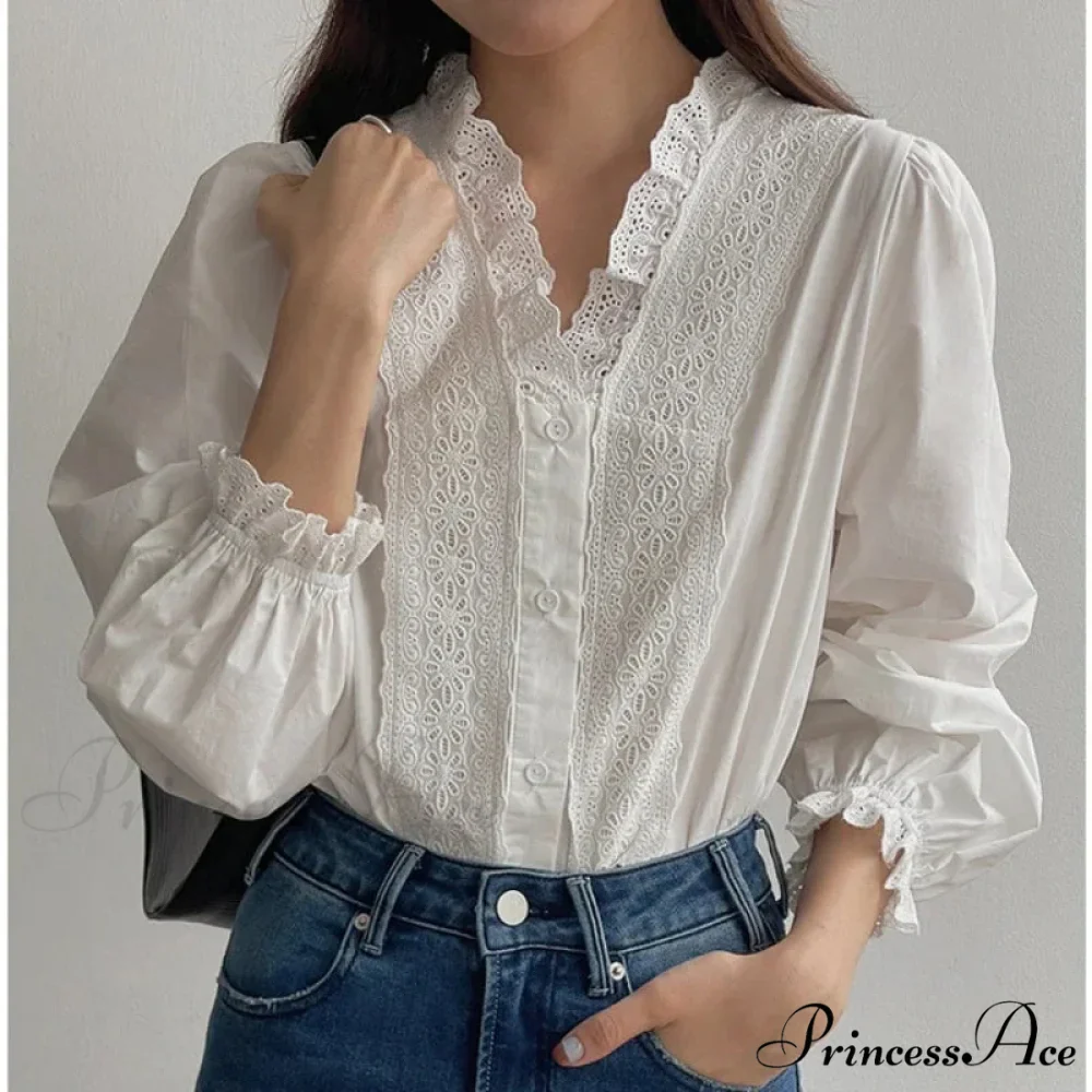Flowy Sleeve Frills V-Neck Cotton Bohemian Work Blouse - Image 3