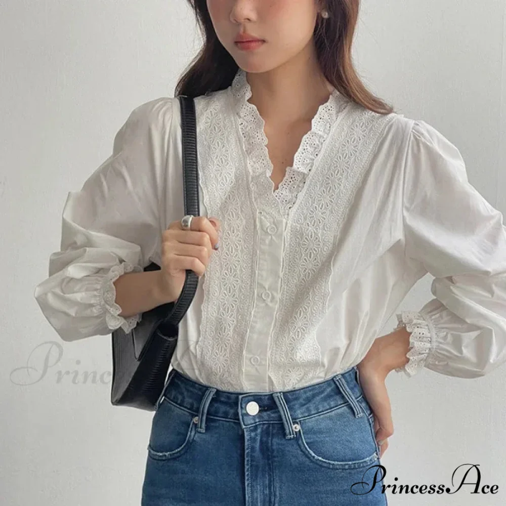 Flowy Sleeve Frills V-Neck Cotton Bohemian Work Blouse - Image 4