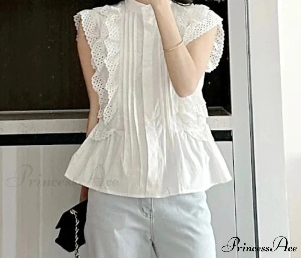 Fluttering Sleeve Frilled Lace Button Retro Blouse - Image 2