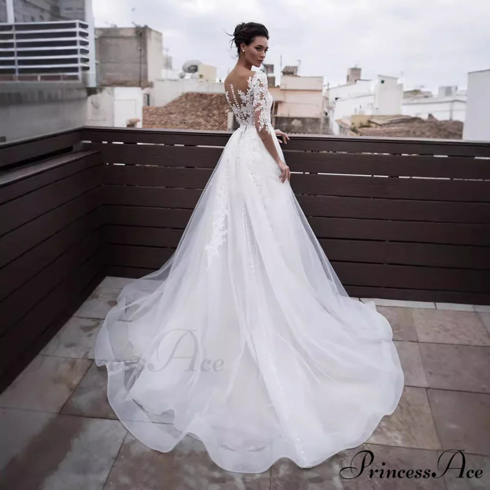 French Deep Neck Long Sleeve Marriage Gown - Image 3
