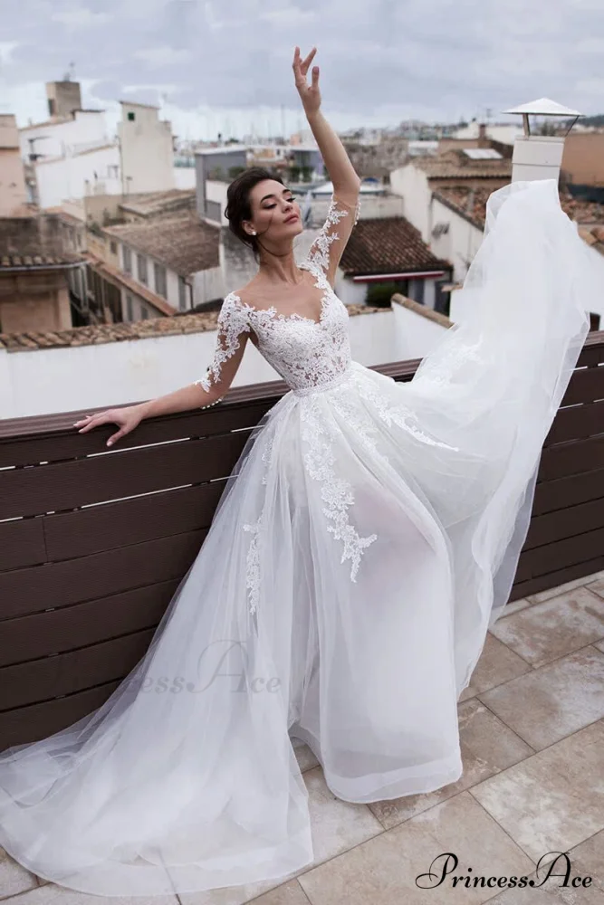 French Deep Neck Long Sleeve Marriage Gown - Image 4