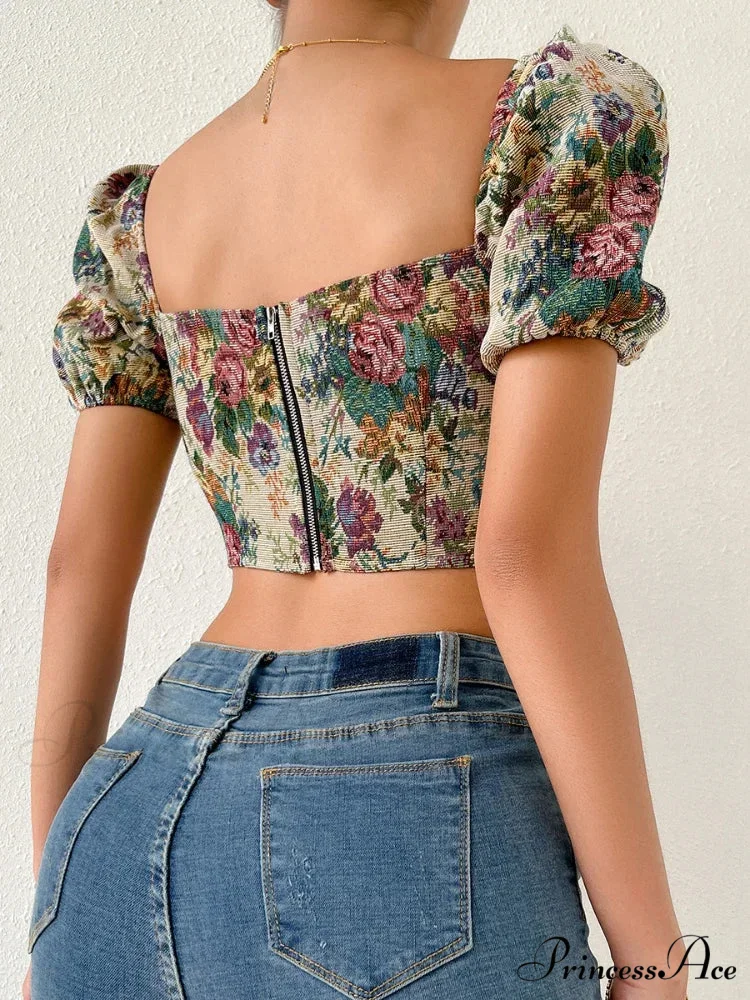 French Flowery Corset Lace Up Bustier Crop Top - Image 2