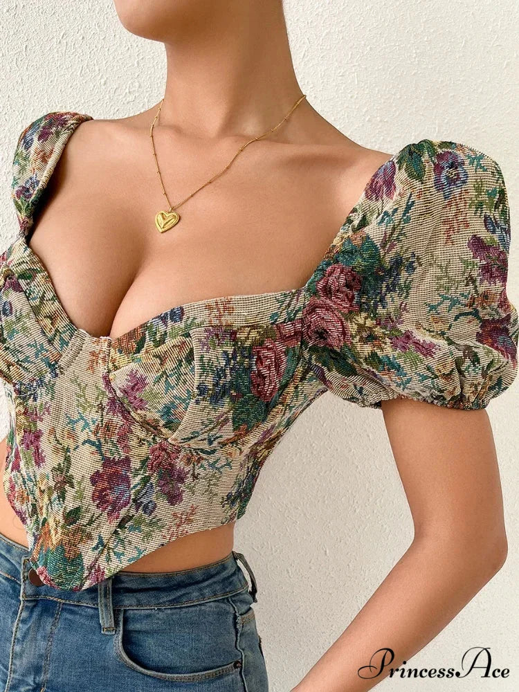 French Flowery Corset Lace Up Bustier Crop Top - Image 3