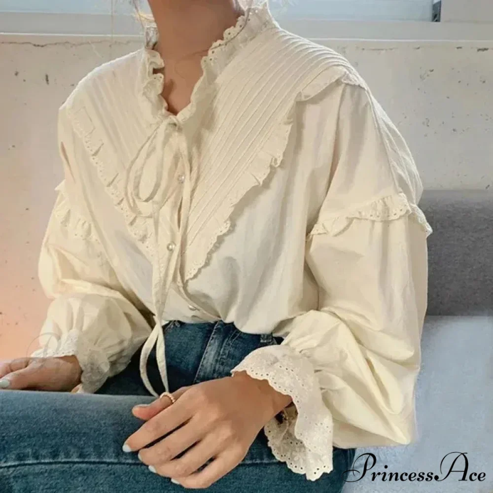 Frilled Antique Plain Extended Sleeve Bow Blouse - Image 2