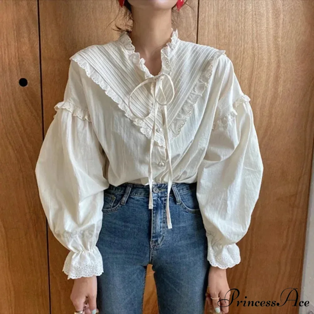 Frilled Antique Plain Extended Sleeve Bow Blouse - Image 3