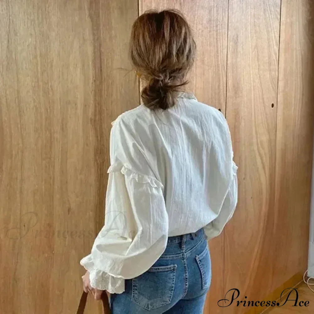Frilled Antique Plain Extended Sleeve Bow Blouse - Image 4