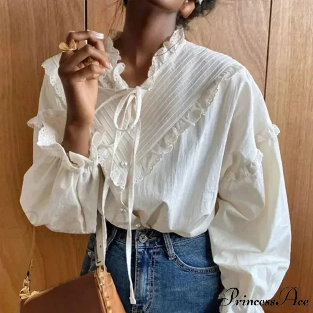 Frilled Antique Plain Extended Sleeve Bow Blouse - Image 5