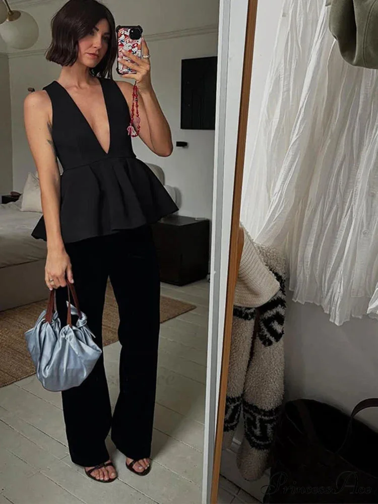 Frilled Border Plunging Neckline Relaxed Fit Office Two Piece Set - Image 3