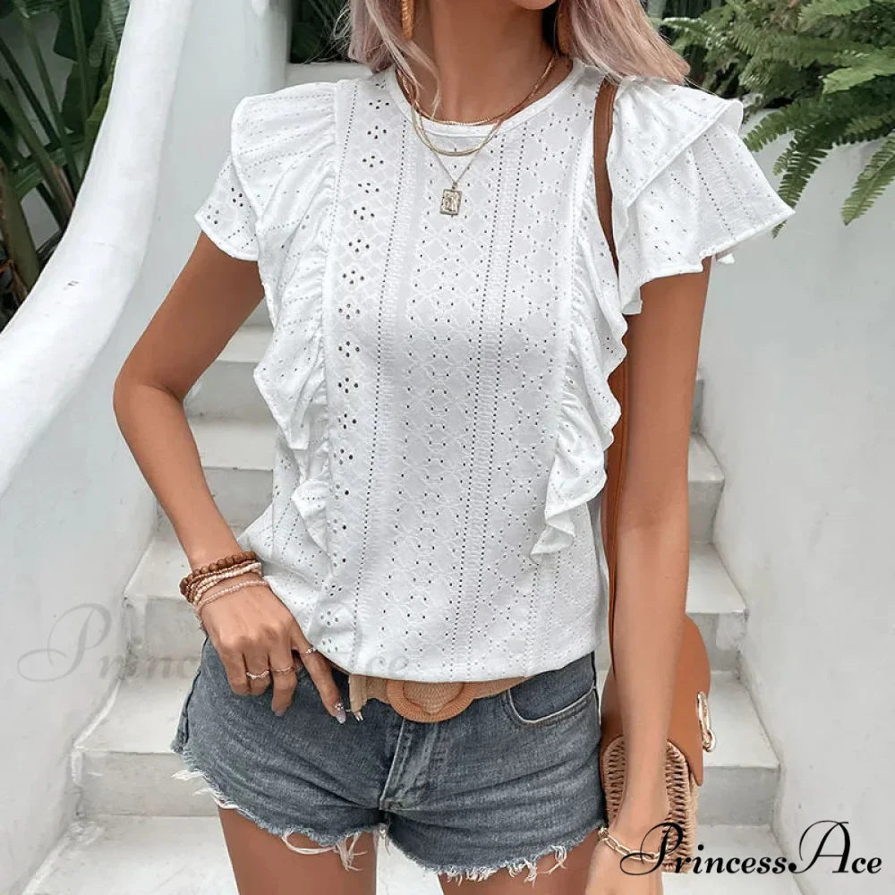 Frilled Lace Round-neck Butterfly Sleeve Informal Blouse - Image 3