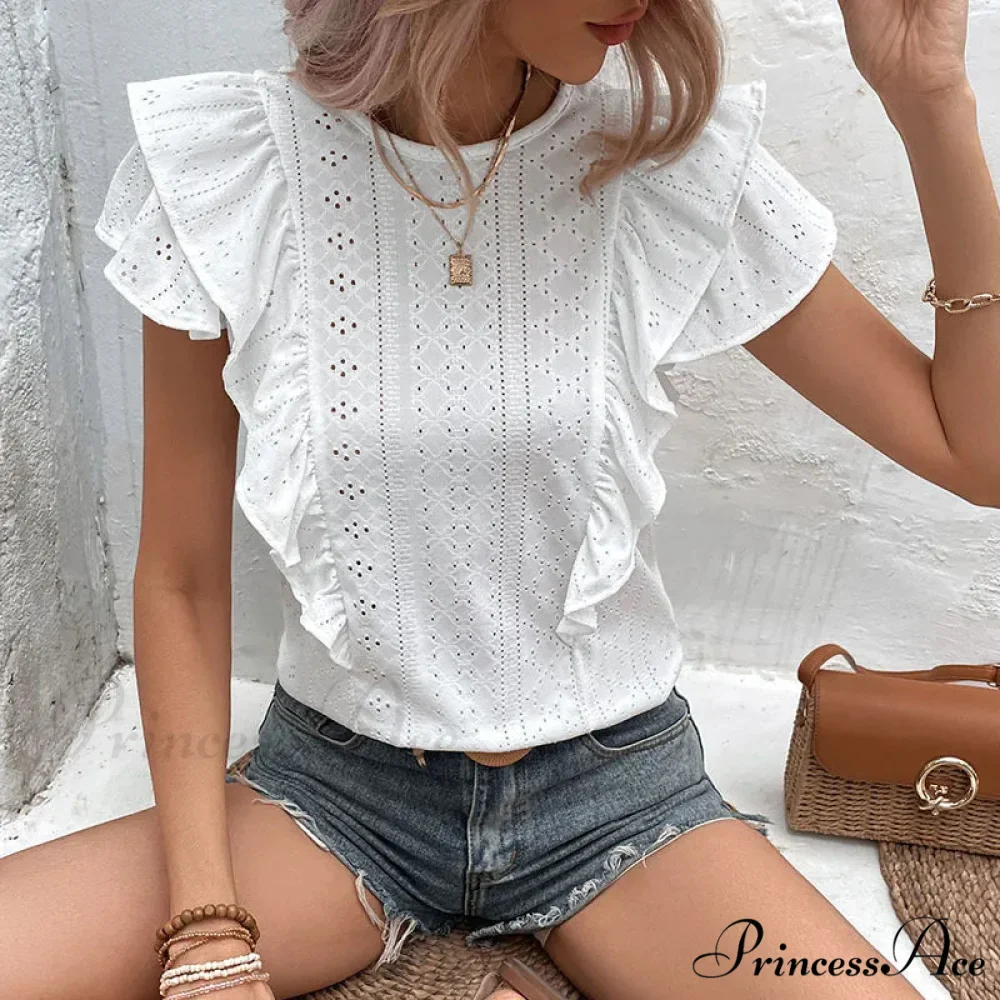 Frilled Lace Round-neck Butterfly Sleeve Informal Blouse - Image 4