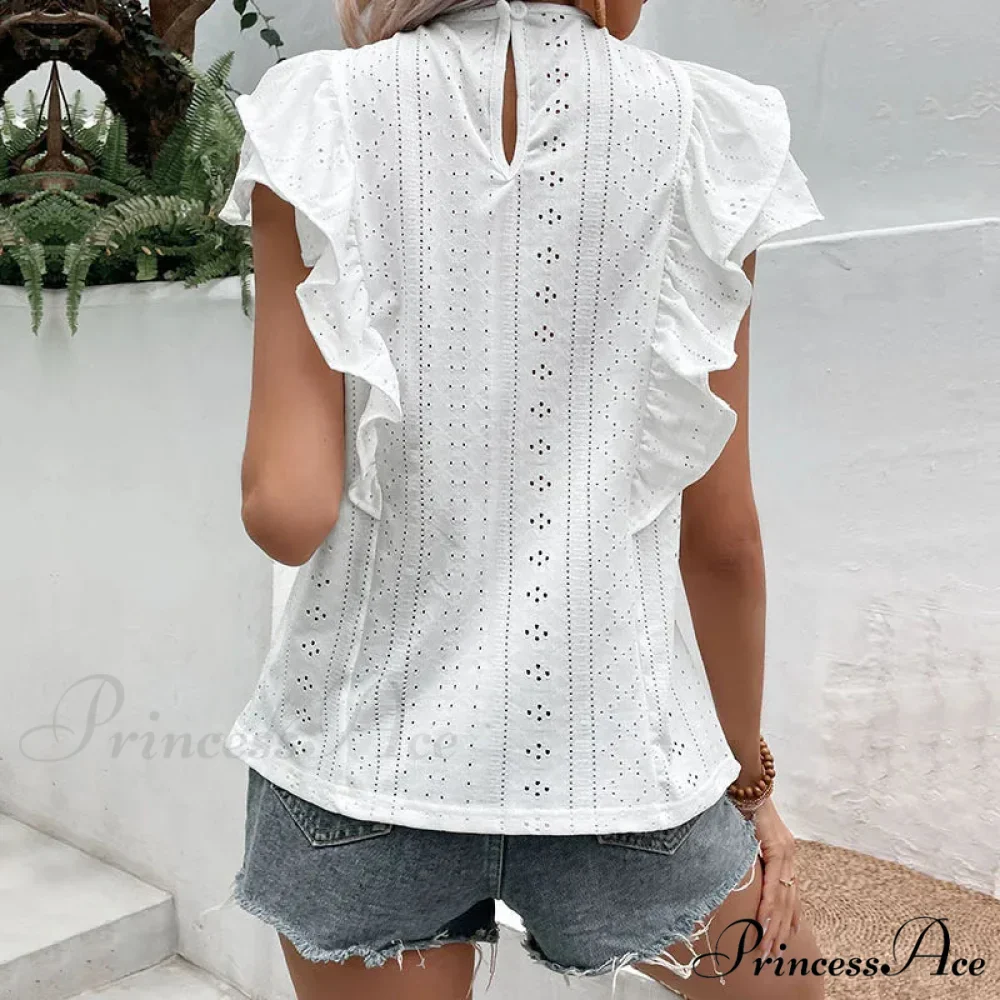 Frilled Lace Round-neck Butterfly Sleeve Informal Blouse - Image 5