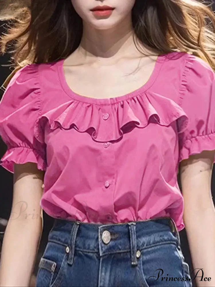 Frilled Monochrome Puff Sleeve Informal Tunic Blouse - Image 2