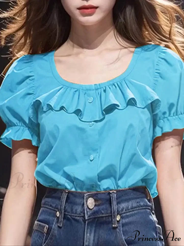 Frilled Monochrome Puff Sleeve Informal Tunic Blouse - Image 4
