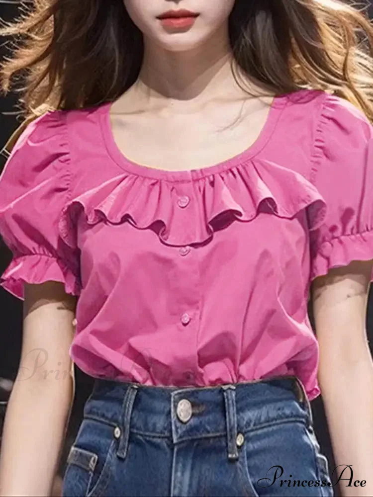Frilled Monochrome Puff Sleeve Informal Tunic Blouse - Image 6