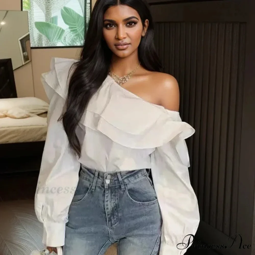 Frilled Off Shoulder Trim Fit Informal Extended Sleeve Blouse - Image 2