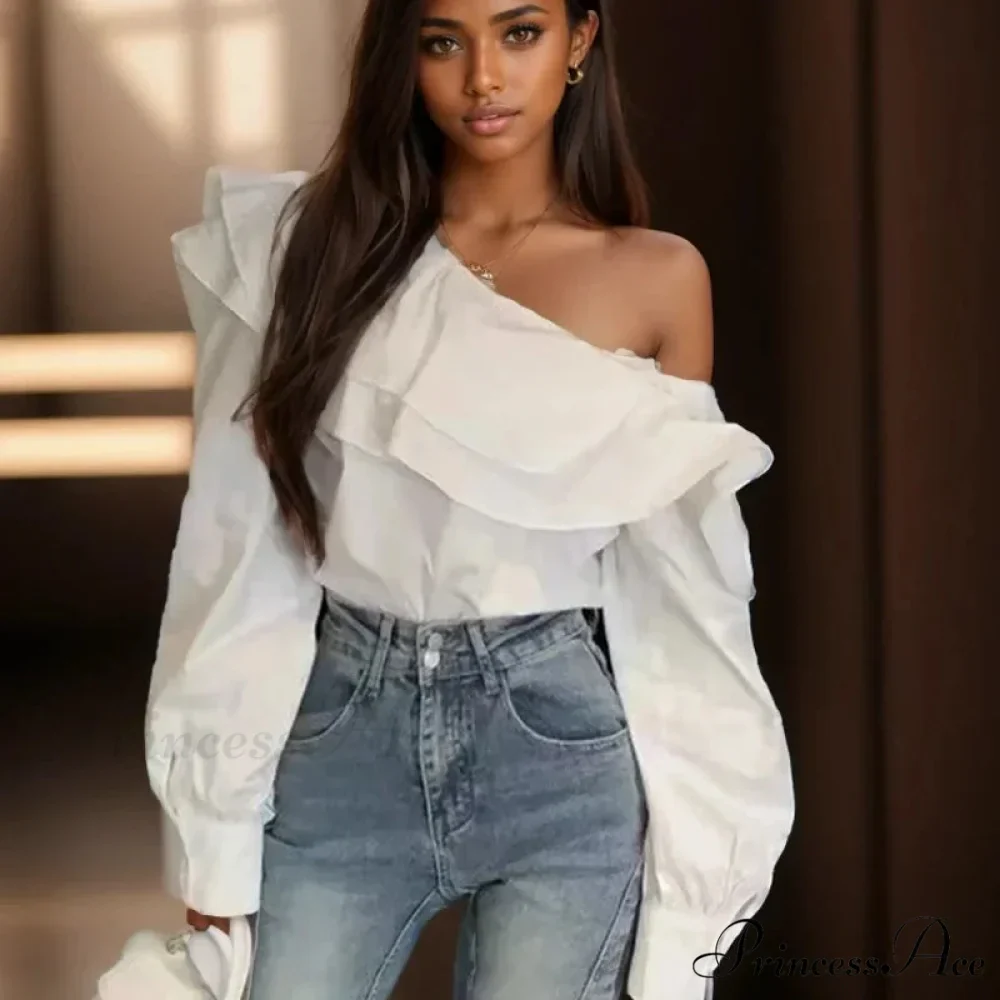 Frilled Off Shoulder Trim Fit Informal Extended Sleeve Blouse - Image 3