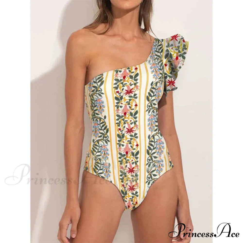 Frilled Printed Uneven Swimsuit One Piece