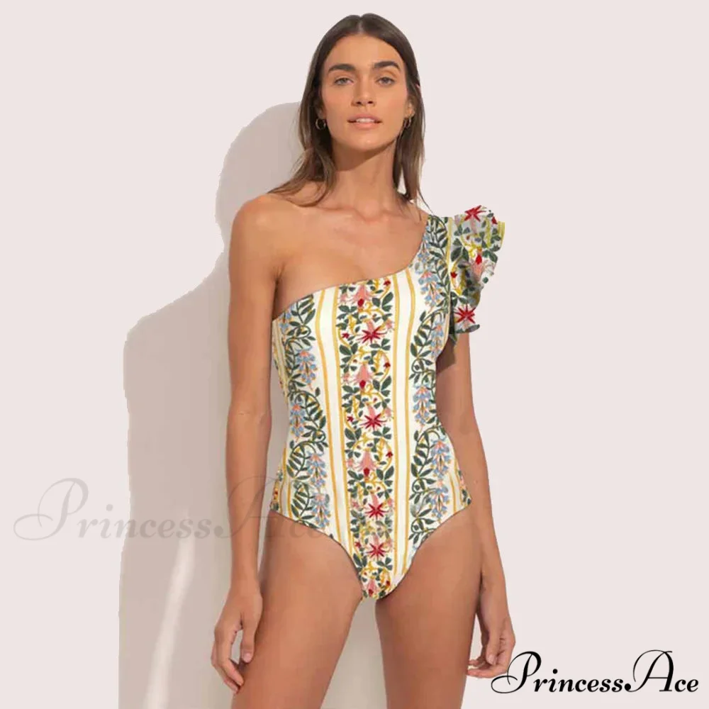 Frilled Printed Uneven Swimsuit One Piece - Image 2