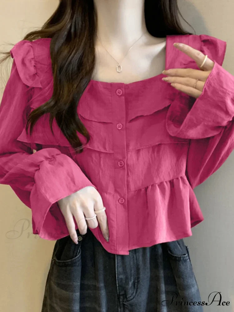 Frilled Quadrilateral Neck Flare Sleeve Top - Image 2