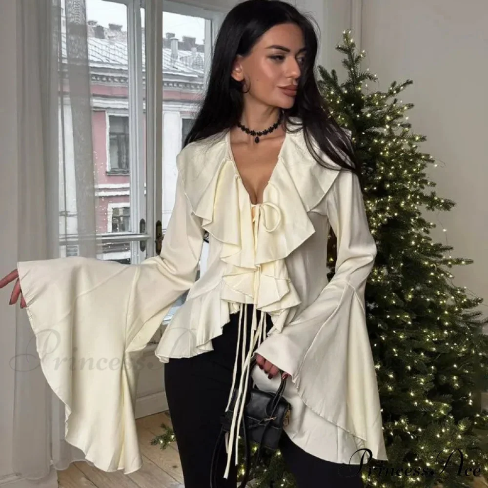 Frilled Tied-Up V-neck Blouse - Image 4