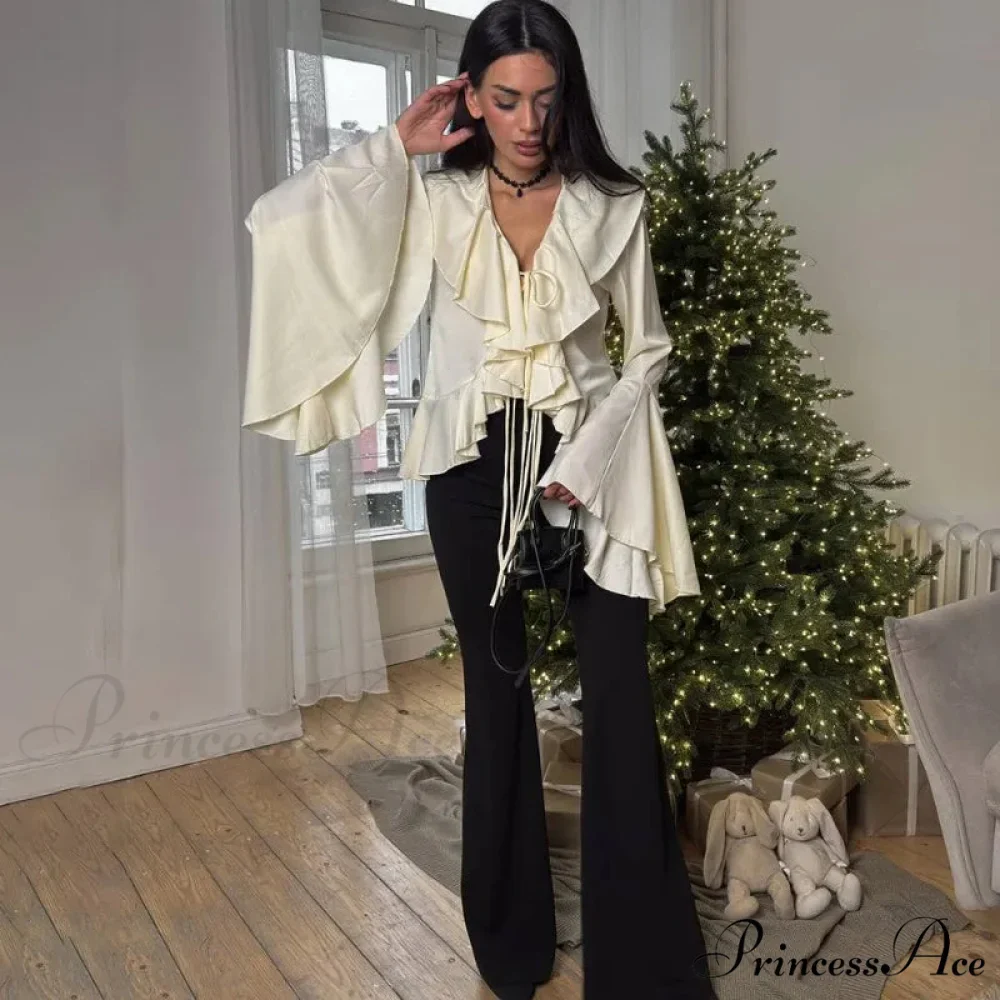 Frilled Tied-Up V-neck Informal Long Sleeve Blouse - Image 2