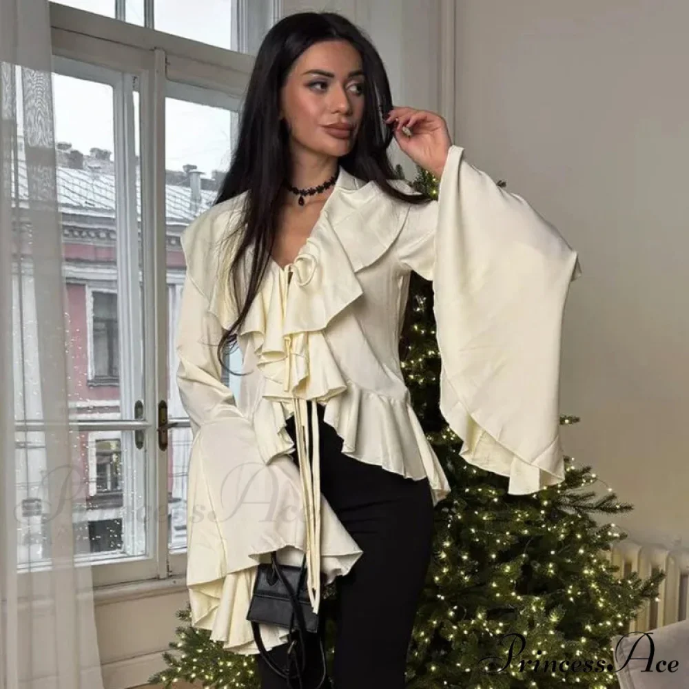 Frilled Tied-Up V-neck Informal Long Sleeve Blouse - Image 3