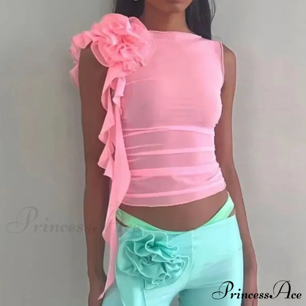 Frills Blossom Net Transparent Stylish Sophisticated Clear Slim Crop Top