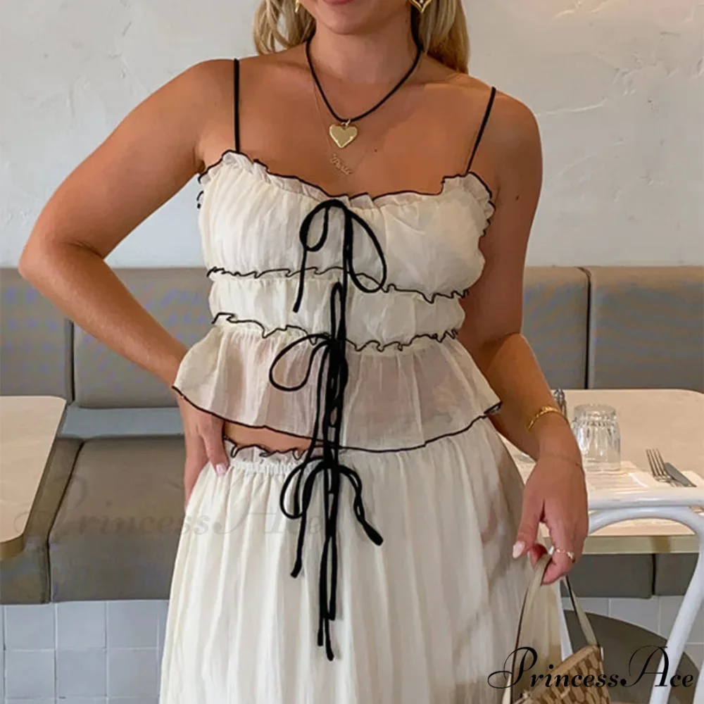 Frills Fasten-Up Crop Top A-line Maxi Skirt Two Pieces Set - Image 2