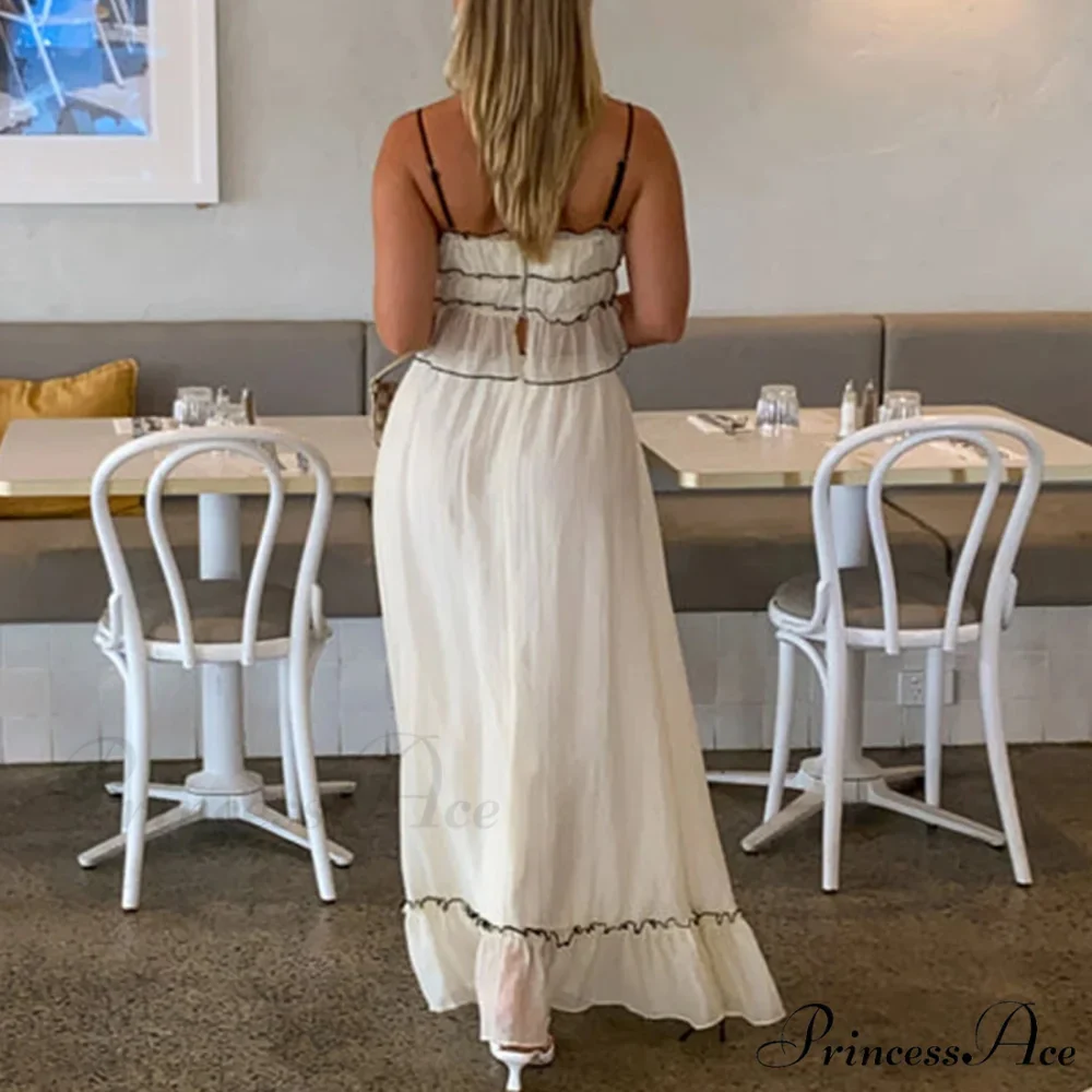 Frills Fasten-Up Crop Top A-line Maxi Skirt Two Pieces Set - Image 3