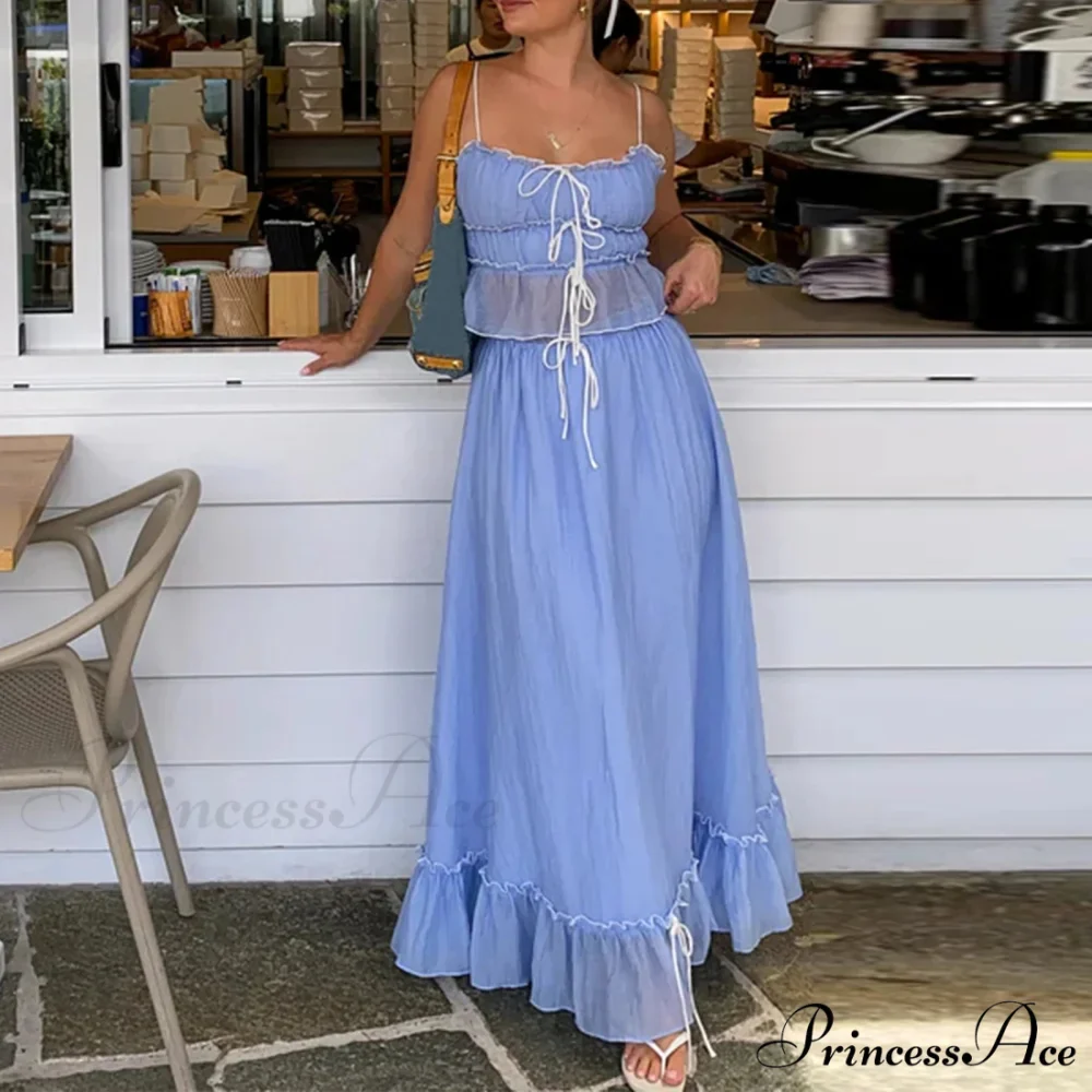 Frills Fasten-Up Crop Top A-line Maxi Skirt Two Pieces Set - Image 5