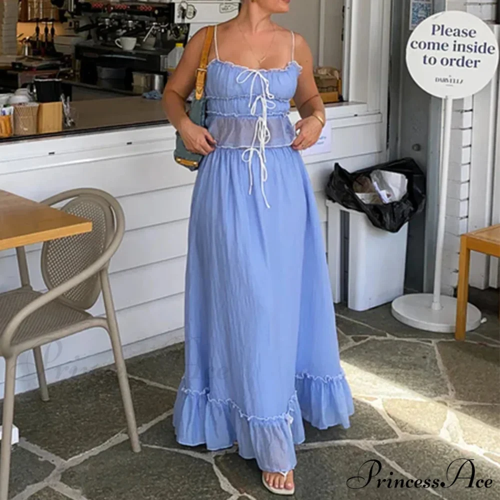 Frills Fasten-Up Crop Top A-line Maxi Skirt Two Pieces Set - Image 6