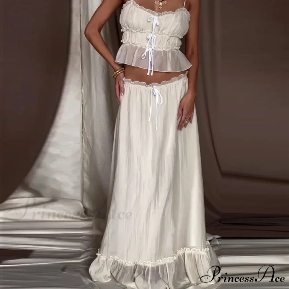 Frills Fasten-Up Front Camisole Crop Top Maxi Skirt Two Pieces Set - Image 2