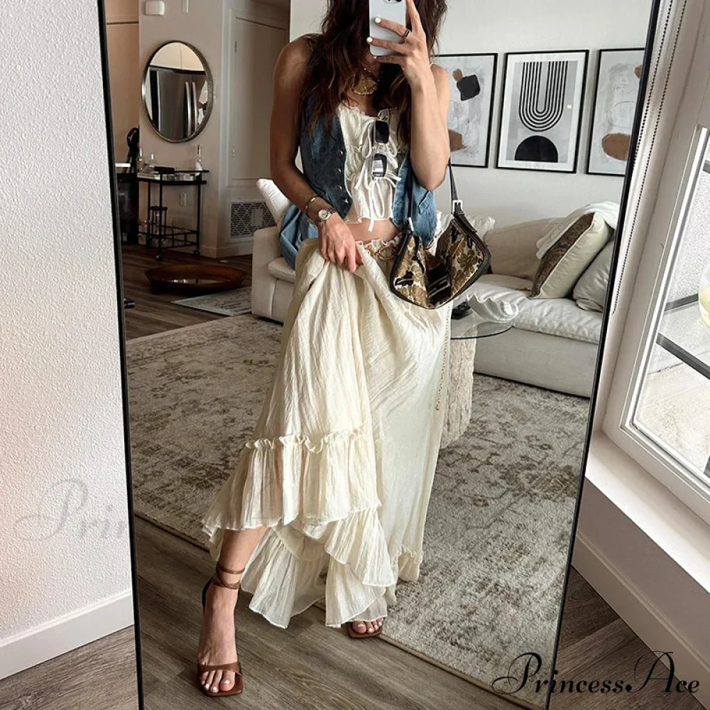 Frills Fasten-Up Front Camisole Crop Top Maxi Skirt Two Pieces Set - Image 3