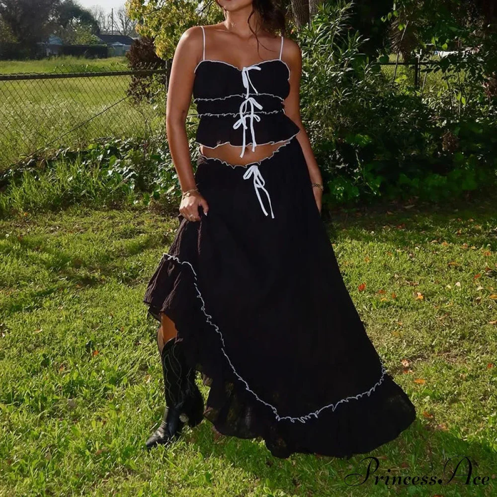Frills Fasten-Up Front Camisole Crop Top Maxi Skirt Two Pieces Set - Image 5