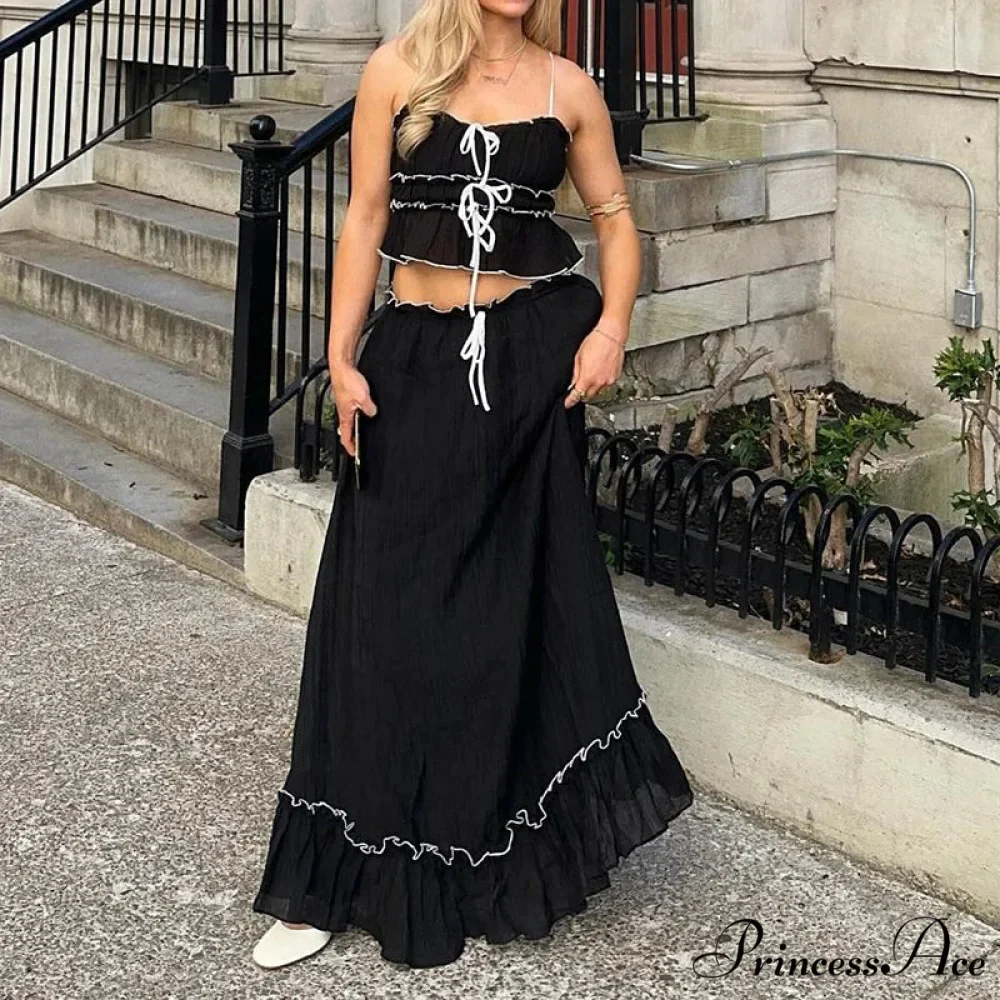 Frills Fasten-Up Front Camisole Crop Top Maxi Skirt Two Pieces Set - Image 6
