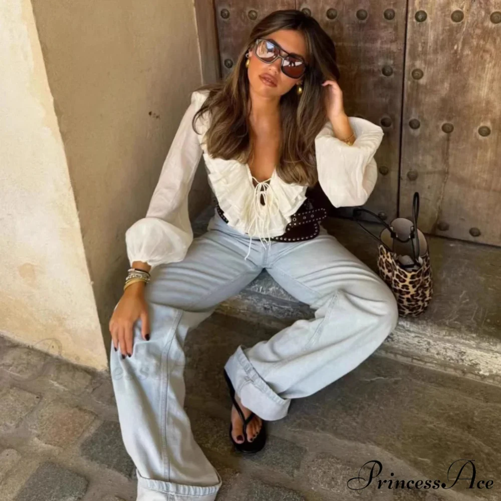 Frills Profound Plunge Lace-Up Baggy Boho Blouse - Image 2