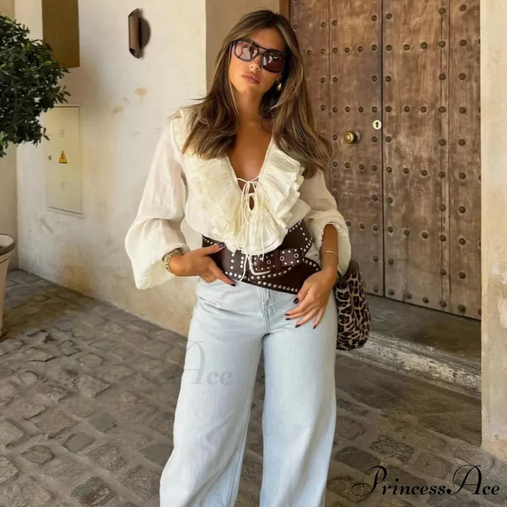 Frills Profound Plunge Lace-Up Baggy Boho Blouse - Image 3