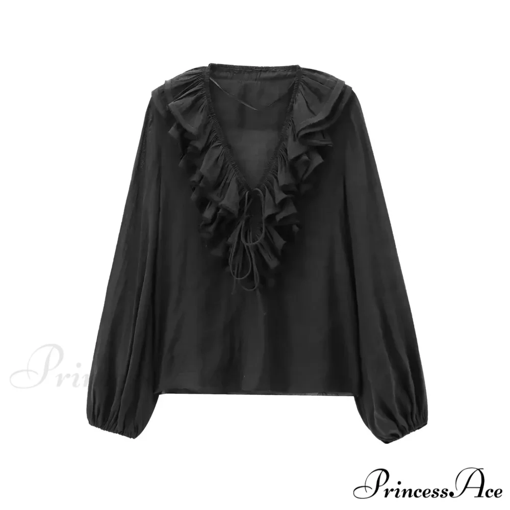 Frills Profound Plunge Lace-Up Baggy Boho Blouse - Image 5