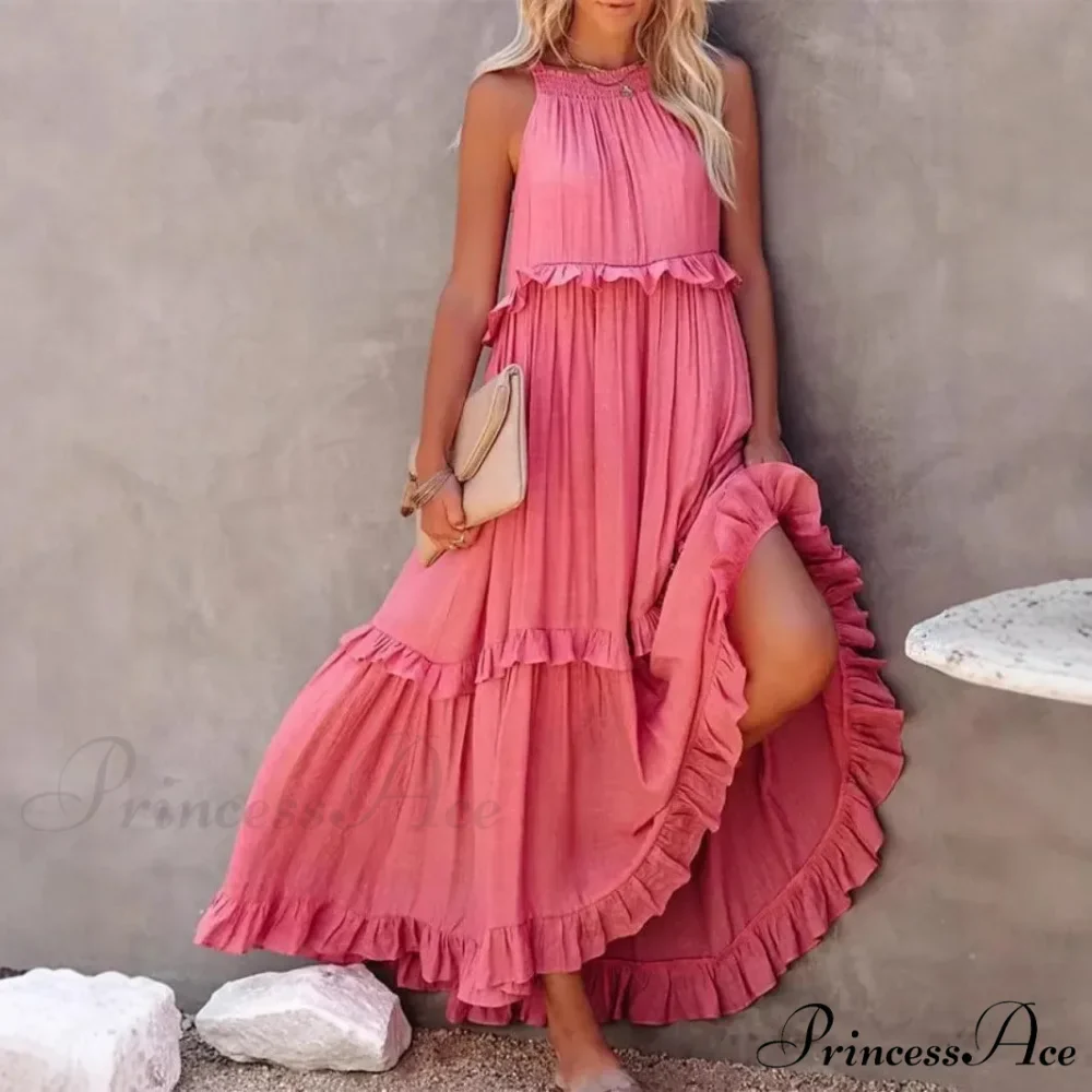 Frills Seductive Divided Halter Sleeveless Generous Hem Maxi Boho Dress - Image 2