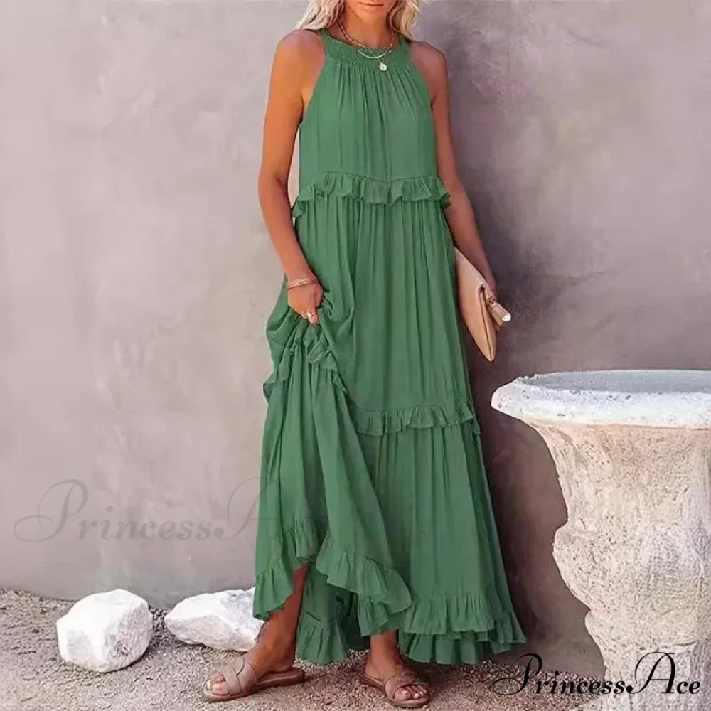 Frills Seductive Divided Halter Sleeveless Generous Hem Maxi Boho Dress - Image 3