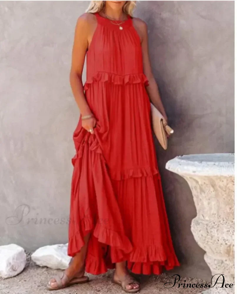 Frills Seductive Divided Halter Sleeveless Generous Hem Maxi Boho Dress - Image 5