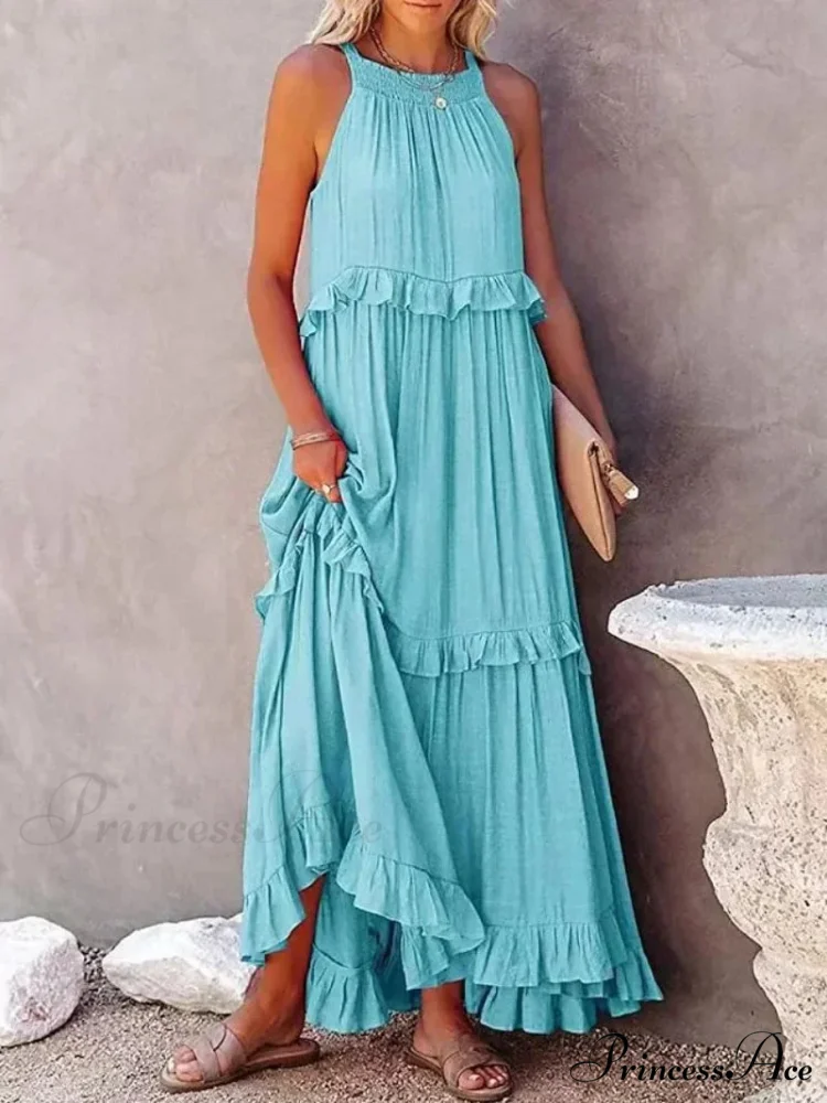 Frills Seductive Divided Halter Sleeveless Generous Hem Maxi Boho Dress - Image 6