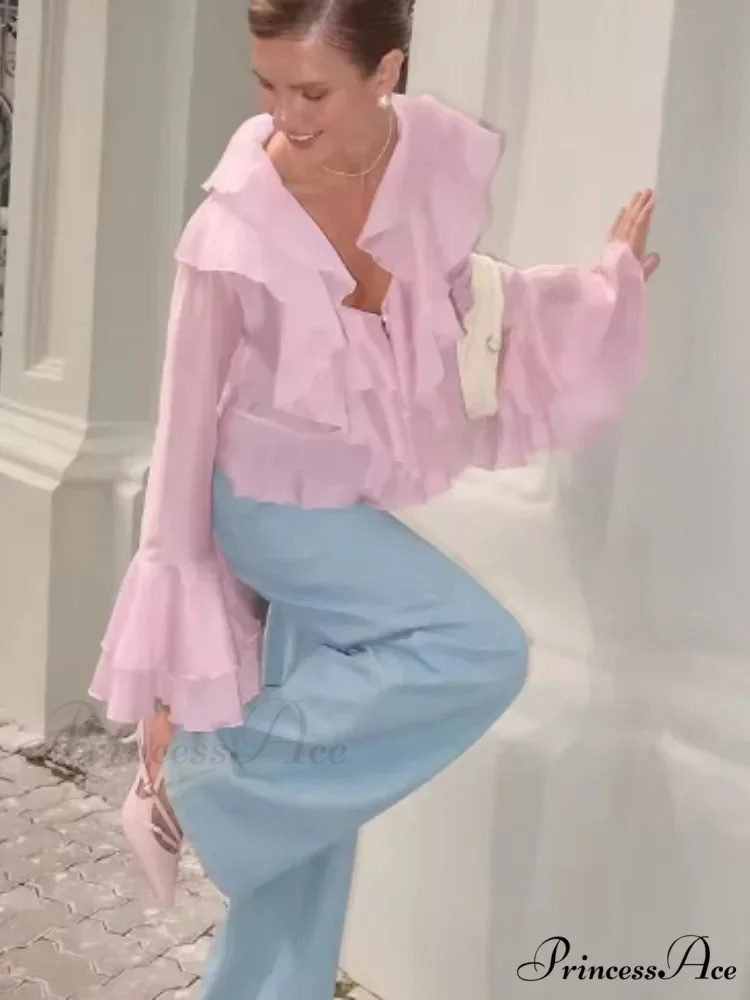 Frills V Neck Rose Chiffon Blouse - Image 2