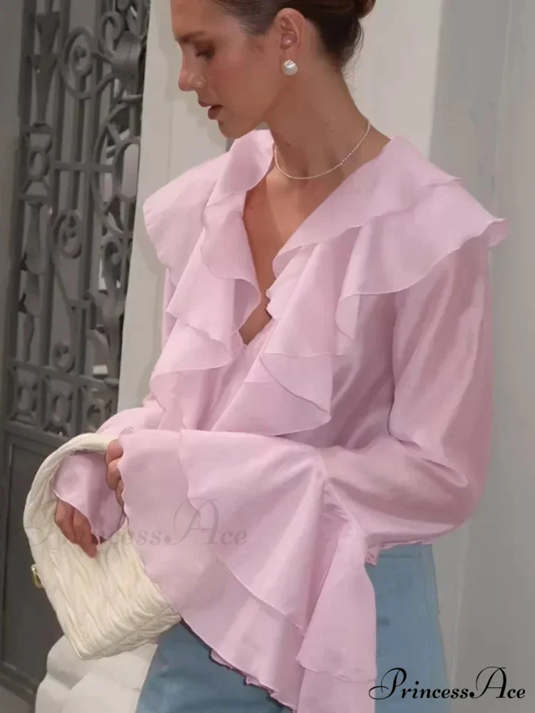 Frills V Neck Rose Chiffon Blouse - Image 3