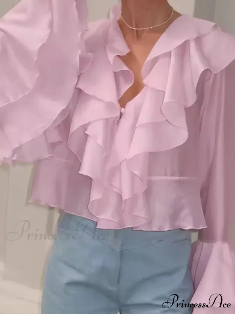 Frills V Neck Rose Chiffon Blouse - Image 4